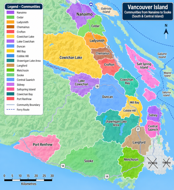an image of a colorful map of the area's that VI Quality Electric Contracting Ltd Services. This includes Nanaimo, Ladysmith, North Cowichan(Duncan),Cowichan Bay,Lake Cowichan, Mill Bay/Malahat, Sidney, Central Saanich, Langford, Metchosin, Sooke, Salt Spring Island.